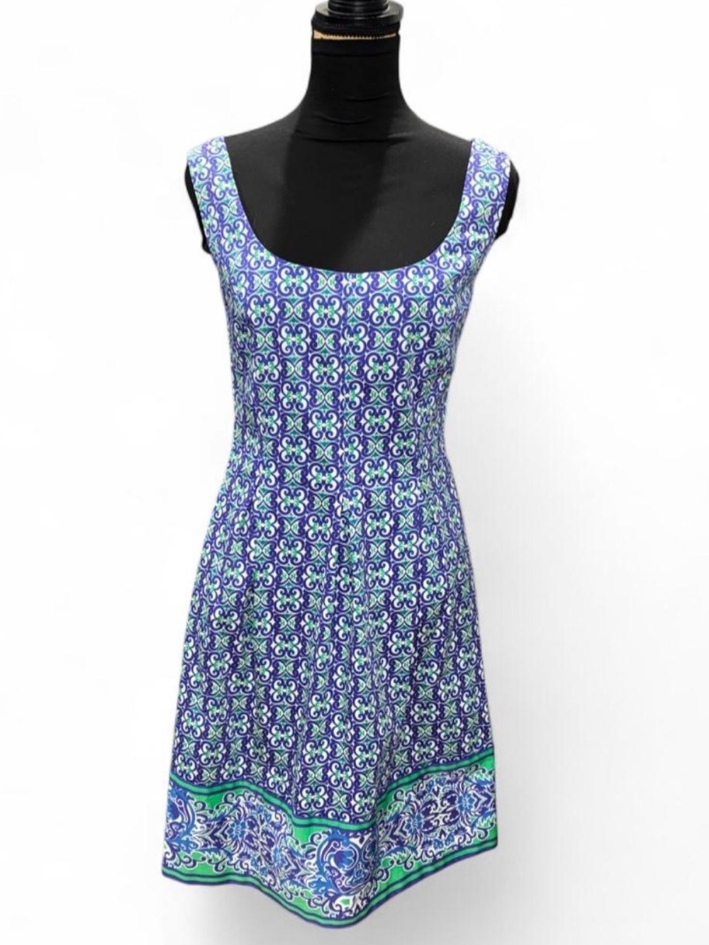 Nine West Blue & Green Patterned Scoop Neck Midi Dress
